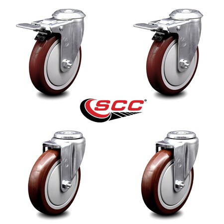 Service Caster 5 Inch Maroon Polyurethane Swivel Bolt Hole Caster Set with 2 Total Lock Brake SCC-BHTTL20S514-PPUB-MRN-2-S-2